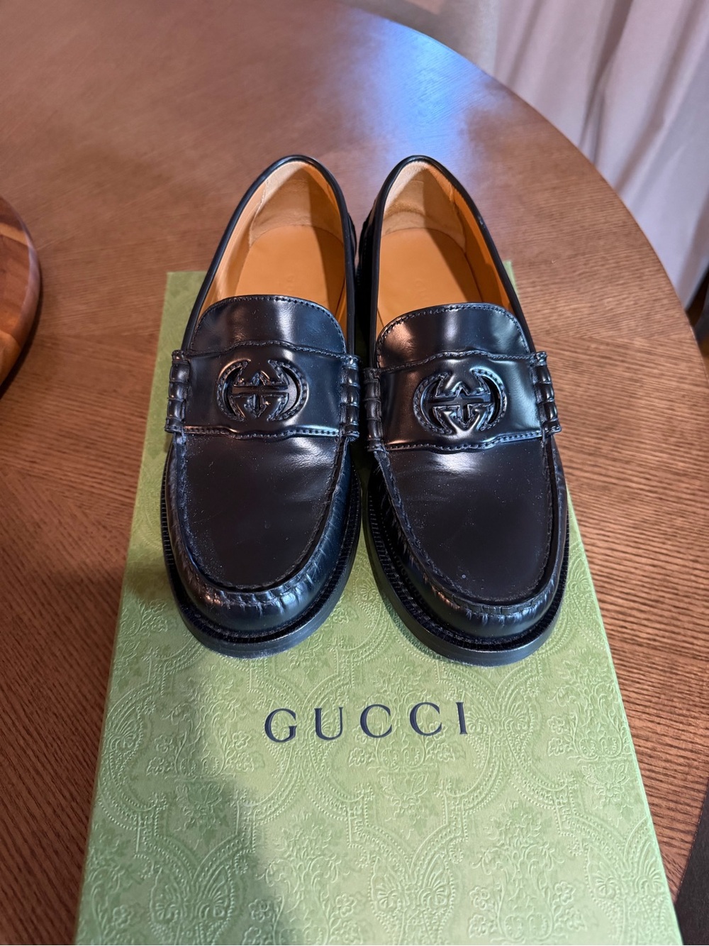 Gucci Black Leather GG Moccasin Loafers